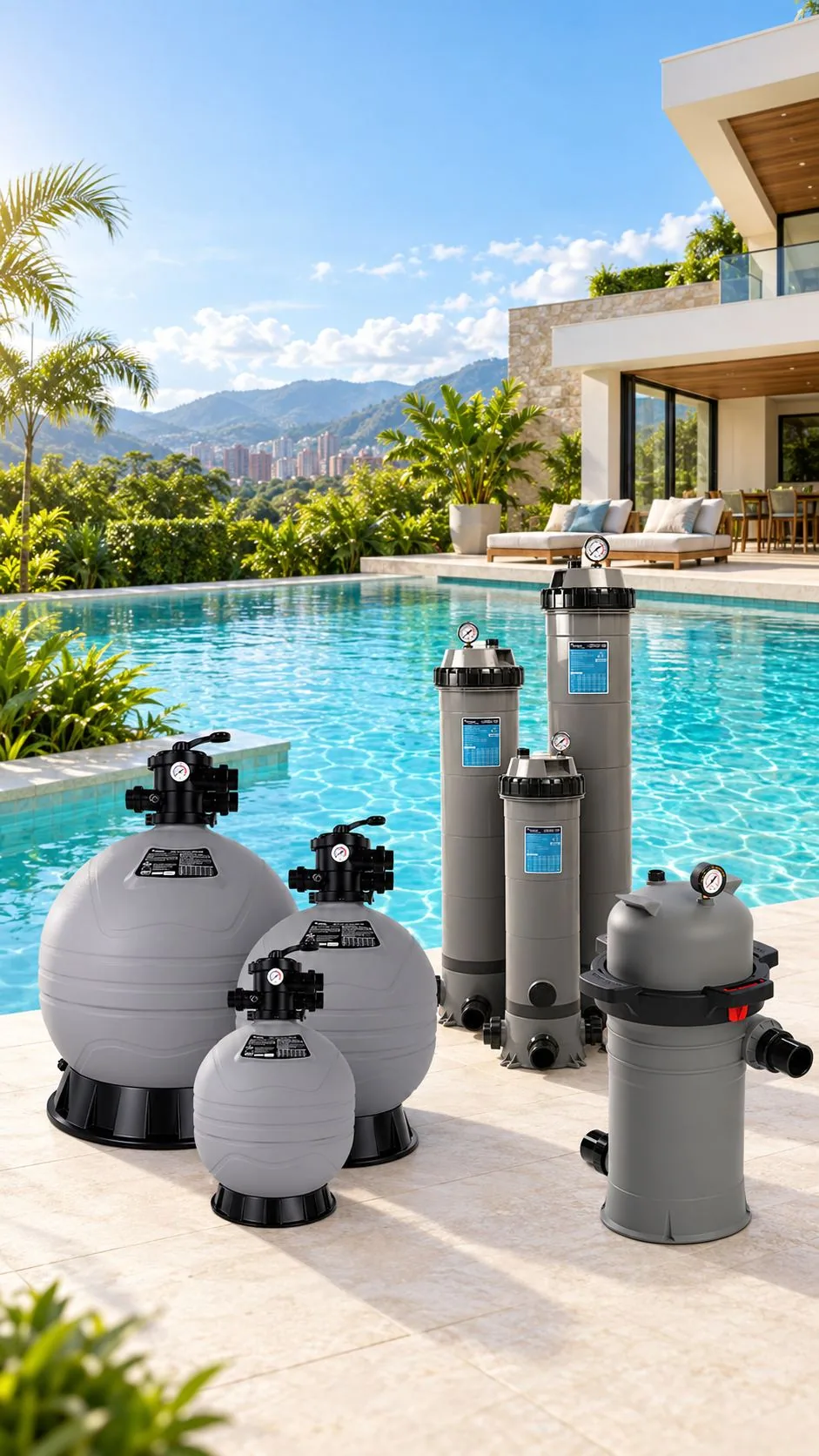 Filtros de piscina junto a piscina infinita